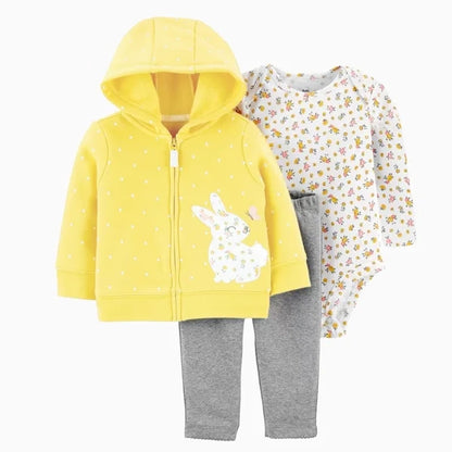 3-piece Bunny Zip-Up Hooded romper set | spring clothes | 100% Cotton